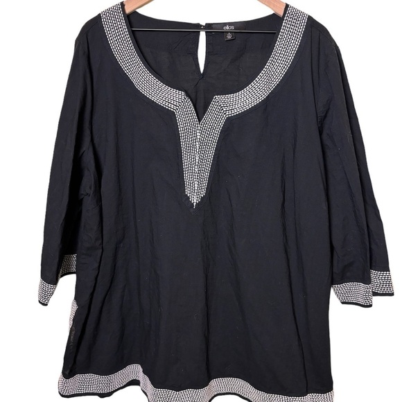 Ellos Black Split Side Hem Tunic Embroidered Trim 1X - 22/24. 3/4 Length Sleeves - Picture 1 of 6